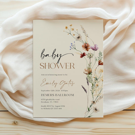 Wildflower Baby Shower Invitation | Beige Baby Shower Invitation - LovelyTemplatesCo