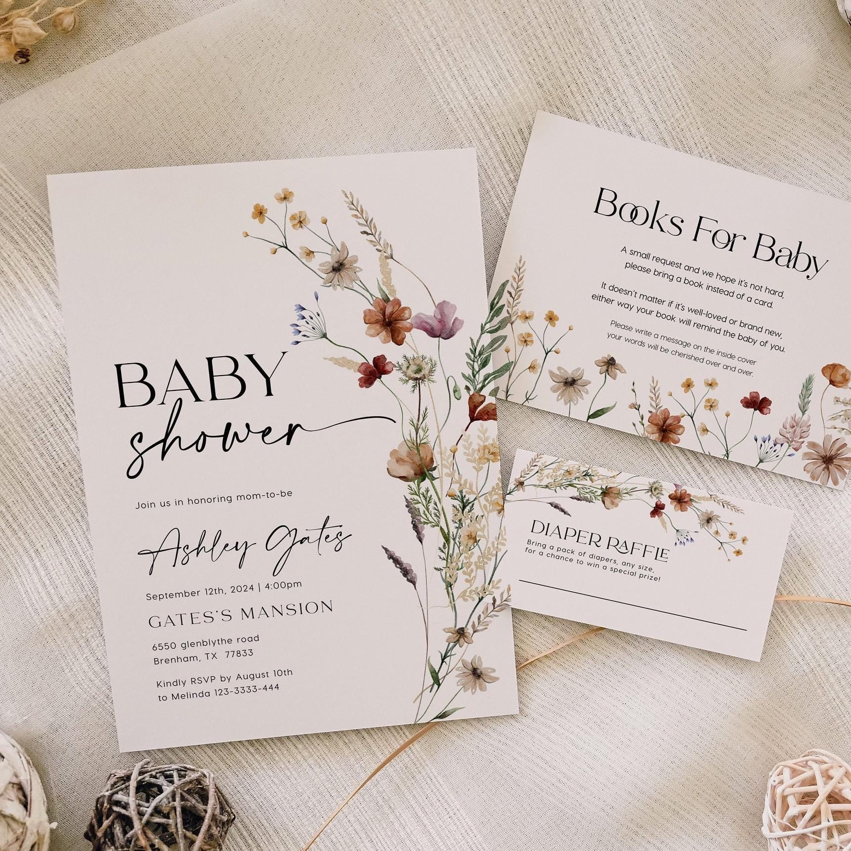 Wildflower Baby shower Invitation bundle - LovelyTemplatesCo