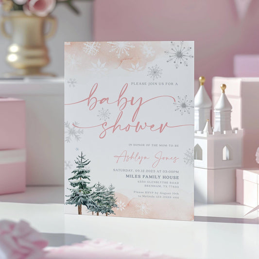 Winter Baby shower invitation, Baby Girl Invitation, Winter Wonderland Baby shower - LovelyTemplatesCo