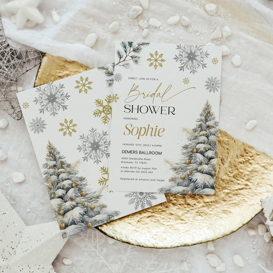 Winter Bridal shower invitation, Gold and Silver bridal shower invitation template - LovelyTemplatesCo