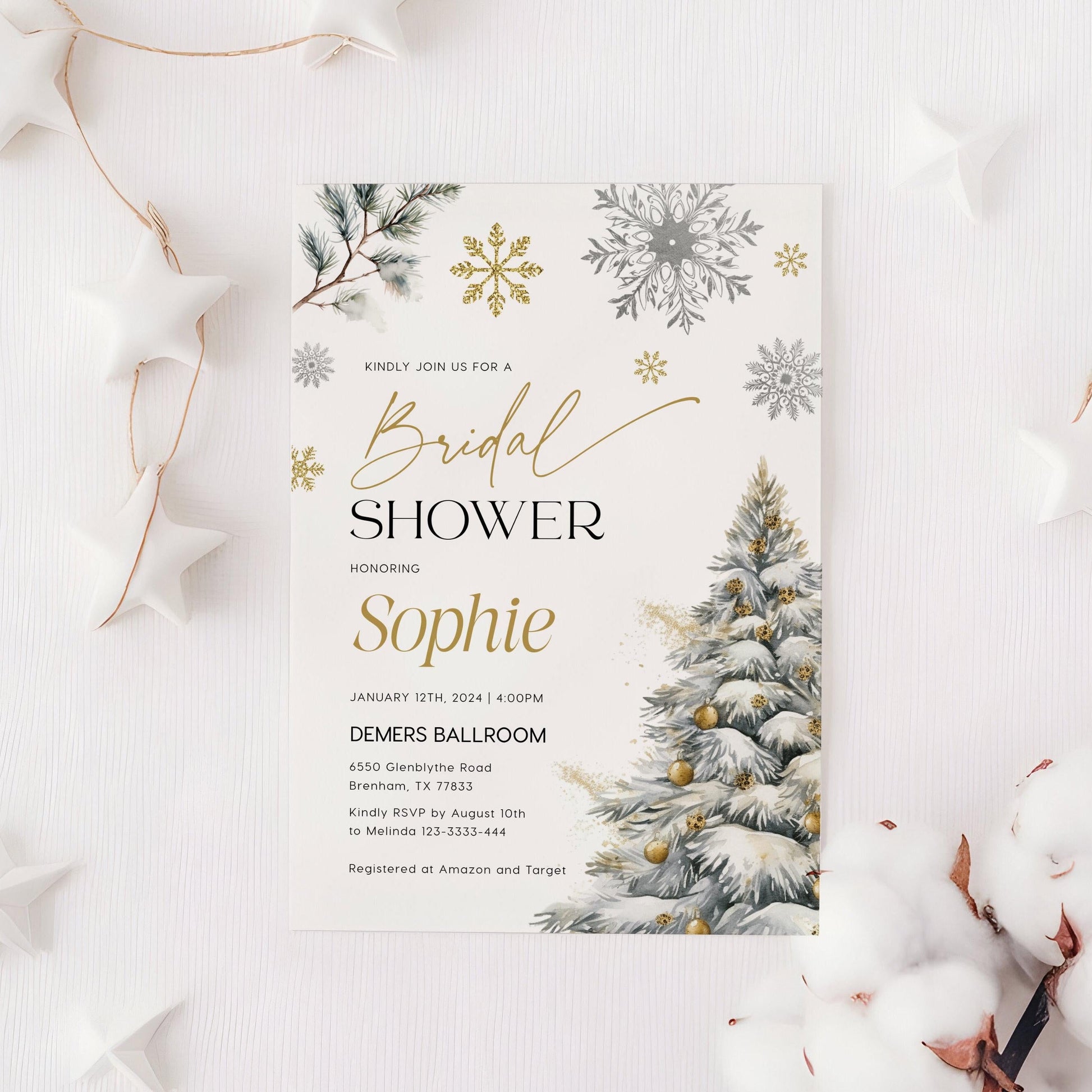Winter Bridal shower invitation, Gold and Silver bridal shower invitation template - LovelyTemplatesCo