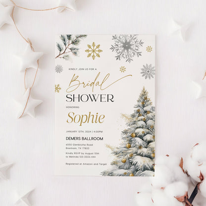 Winter Bridal shower invitation, Gold and Silver bridal shower invitation template - LovelyTemplatesCo