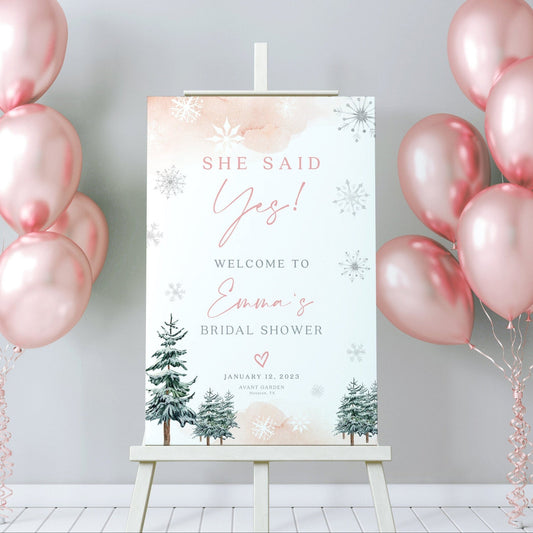 Winter Bridal shower Welcome sign, She Said Yes sign, Pink Bridal shower sign - LovelyTemplatesCo