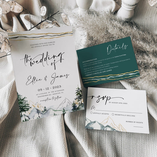 Winter wedding invitation bundle, Pine forest invitation, Mountains and gold pine forest theme - LovelyTemplatesCo