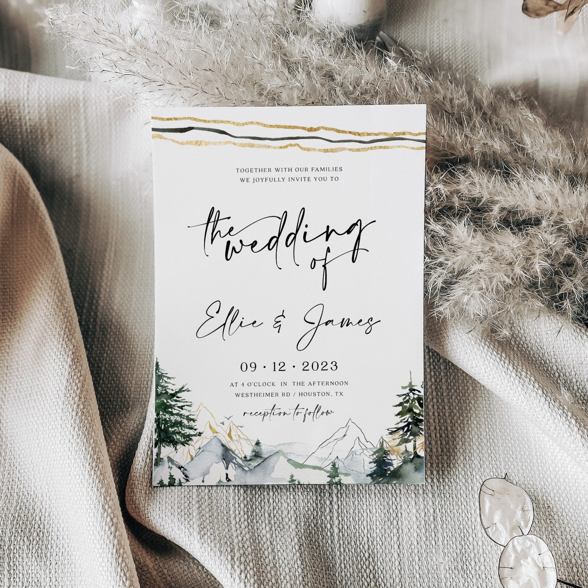 Winter wedding invitation bundle, Pine forest invitation, Mountains and gold pine forest theme - LovelyTemplatesCo