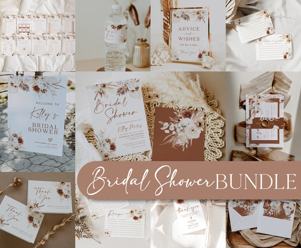 Boho Bridal Shower Bundle, Bridal Shower Templates bundle, Boho Pampas Invitation, Welcome sign, Bridal shower Games, Thank you card #Ellery