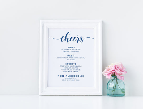 Cheers sign, Wedding bar menu, Bar menu sign, Wedding cheers sign template, Blue wedding sign #BLUE20WED