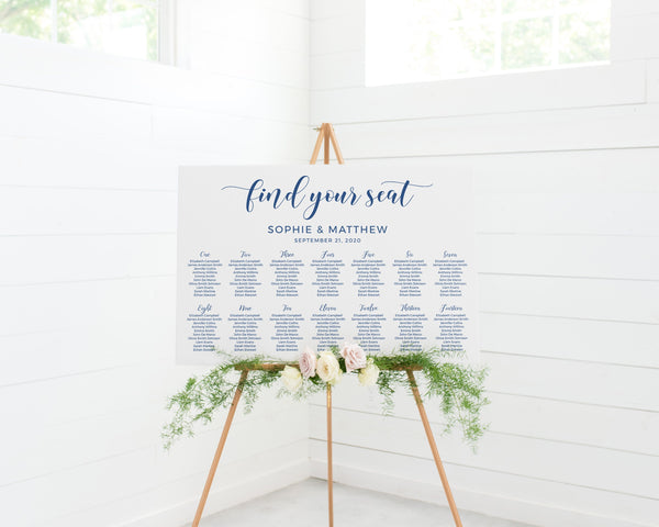 Seating chart wedding, Blue seating chart, Wedding table plan, Seating chart template, Find your seat, Seating chart sign #BLUE20WED