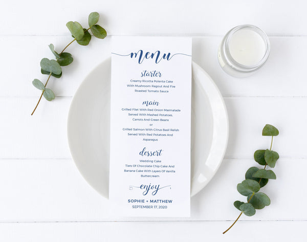 Menu template instant download, Wedding menu template, Menu card, Blue menu #BLUE20WED