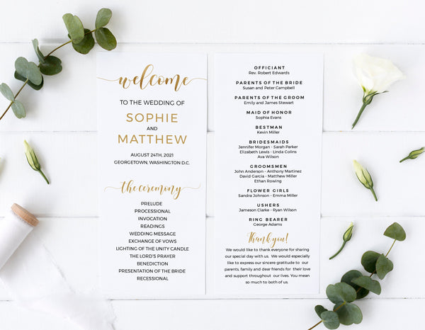 Program template, Wedding program, printable program template, Gold wedding program, Editable template, instant download #GOLD20WED