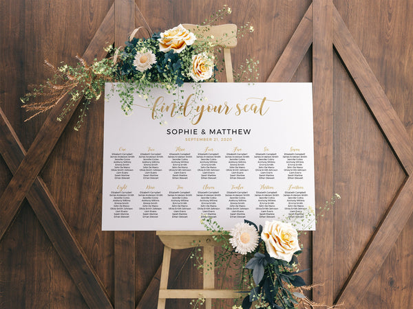 Seating chart template, Wedding seating chart, Gold seating chart, Wedding table plan, Seating chart sign #GOLD20WED