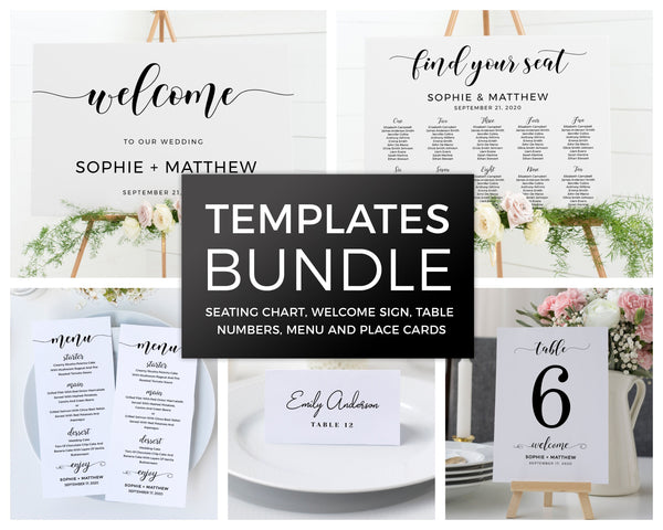 Minimalist black wedding bundle templates, Seating chart, Welcome signs, Menu cards, Place cards and table numbers templates #BLCK20WED