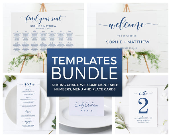 Navy blue templates bundle, Seating chart templates, Welcome signs templates, Menu cards, Place cards and table numbers  #BLUE20WED