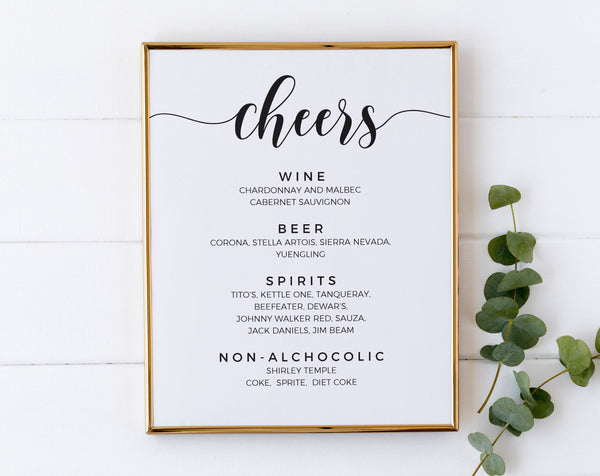 Cheers sign template, Wedding cheers sign, Bar menu sign, Open bar sign template, Wedding bar menu sign, Wedding signs  #BLCK20WED