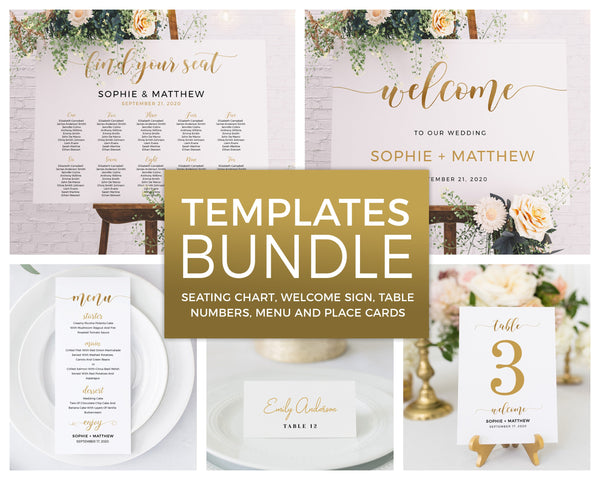 Gold wedding bundle, Seating chart template, Welcome sign template, Menu, Place cards and table numbers templates  #GOLD20WED