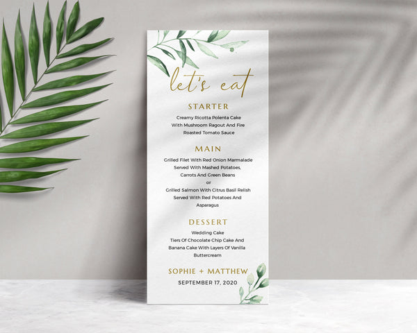 Greenery menu template, Let's eat menu template, Gold menu wedding #GREEN020LWT