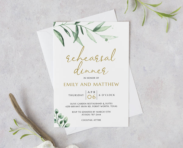 Rehearsal dinner invitation, Greenery and gold rehearsal dinner invitation template #GREEN020LWT