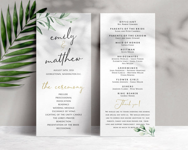 Greenery wedding program template, Program template gold  #GREEN020LWT