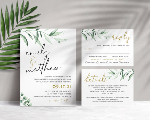 Greenery Invitation set, Wedding invitation template with reply and details cards #GREEN020LWT