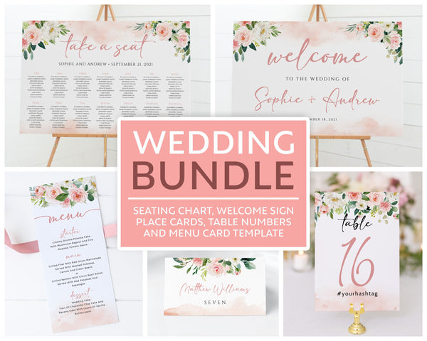 Blush wedding bundle, Seating chart wedding, Welcome sign wedding, Menu template, Table numbers and place card templates  #BLS020LWT