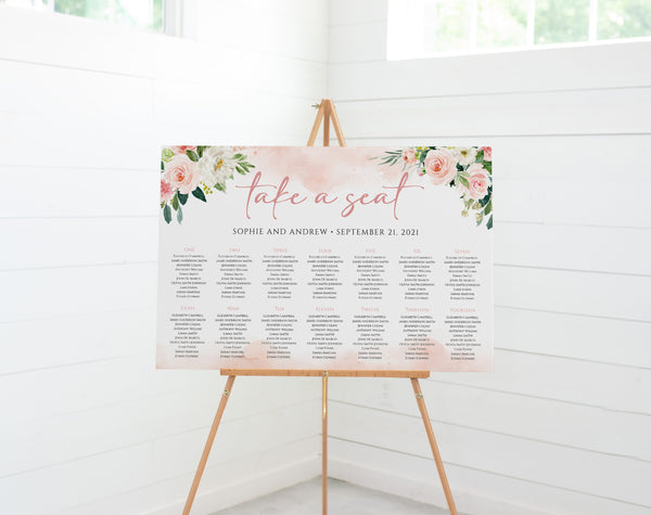 Seating chart wedding, Blush seating chart, Rose gold seating chart template, Templett, Take a seat sign #BLS020LWT