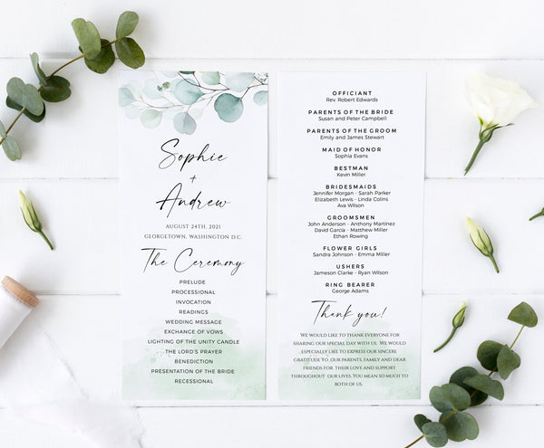 Wedding program, Greenery wedding program, Ceremony program template, Eucalyptus #EUC020LWT