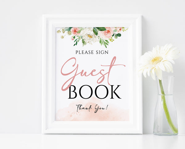 Wedding Guest book sign, Printable guest book sign template with watercolor greenery and blush flowers #BLS020LWT