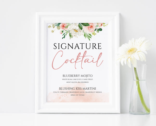 Signature cocktail sign, Wedding signature cocktail sign template, Greenery and blush floral sign #BLS020LWT