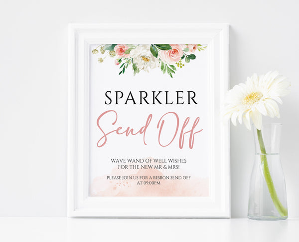 Sparkler send off sign, Wedding send off sign template, Greenery and blush watercolor floral #BLS020LWT