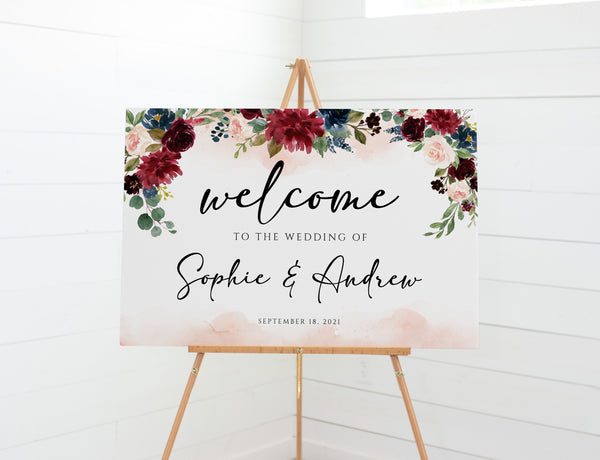 Welcome sign wedding, Welcome sign template, Floral welcome sign blush and burgundy, Autumn fall wedding bohemian  #BOHO020LWT