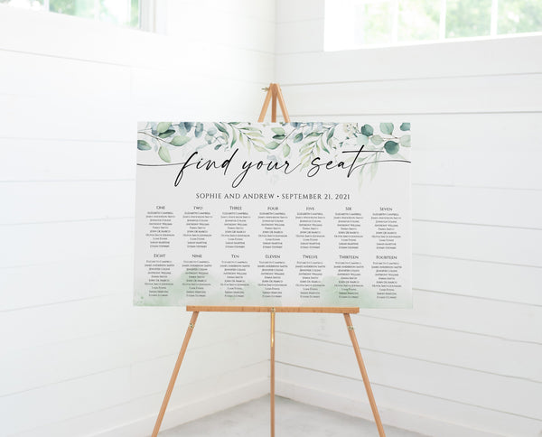 Seating chart wedding, Seating chart greenery with eucalyptus leaves, Seating chart template #EUC020LWT