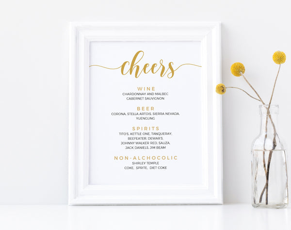 Cheers sign, Wedding cheers sign, Bar sign, Bar menu sign, Drink menu sign, Gold menu sign, Wedding bar menu, Open bar sign #GOLD20WED