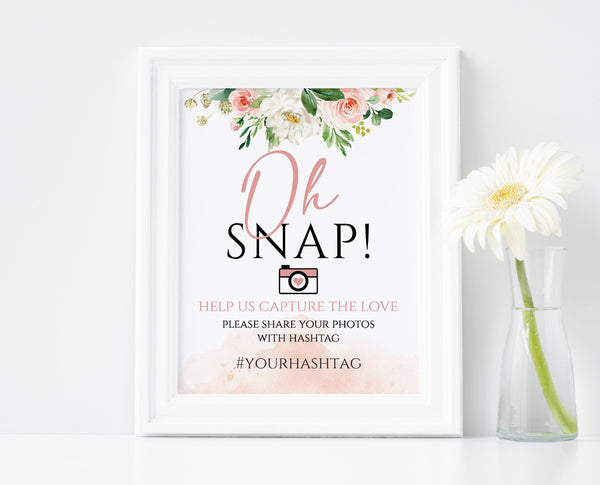 Hashtag wedding sign, Oh Snap sign template, Greenery and blush watercolor sign #BLS020LWT