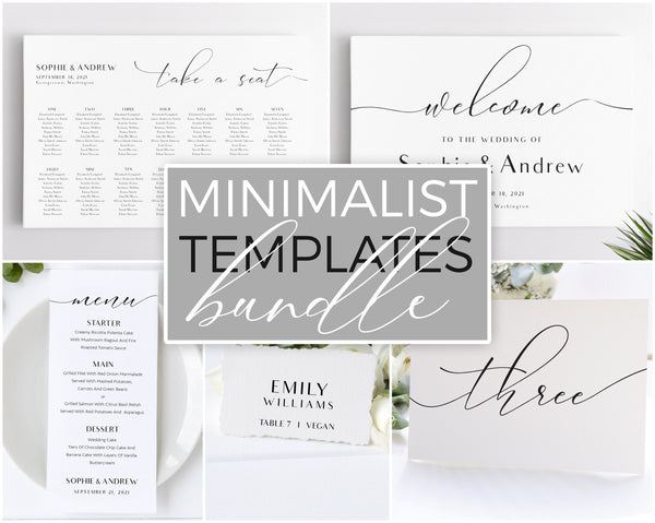 Wedding bundle, Minimalist templates bundle include Seating chart, Welcome sign, Menu, Place cards and Table numbers templates #LWT020MNM