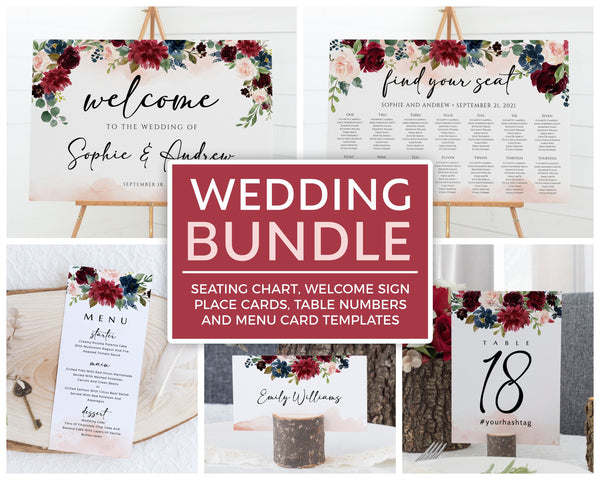 Boho Wedding Bundle, Seating chart wedding, Welcome sign wedding, Menu, Wedding name cards and Table numbers bohemian blush  #BOHO020LWT