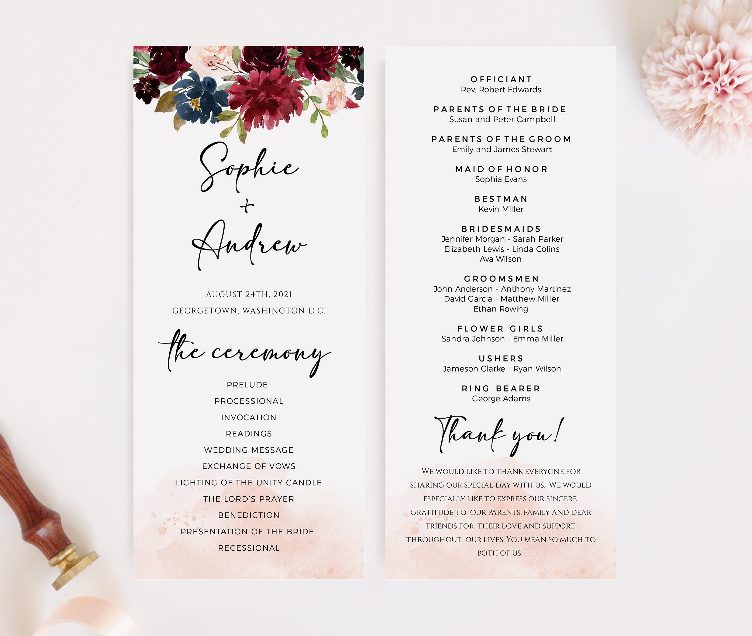 Program template wedding, Rustic wedding program, Burgundy wedding pro ...