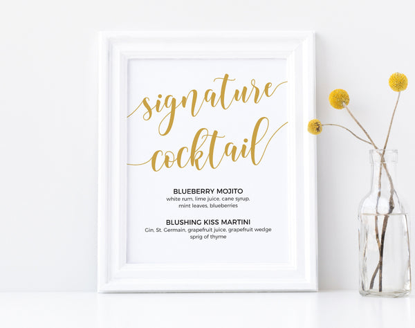 Signature cocktails, Wedding signature cocktail sign, Signature cocktail template, Printable sign, Wedding sign #GOLD20WED