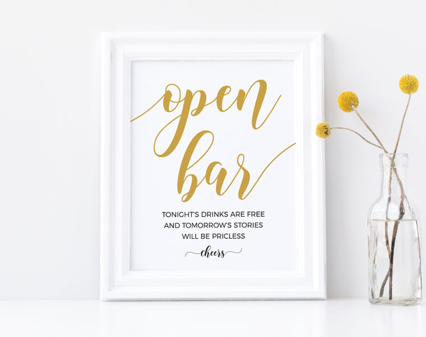 Open bar sign, Wedding open bar, Bar menu, Open bar menu, Open bar template, Printable sign  #GOLD20WED