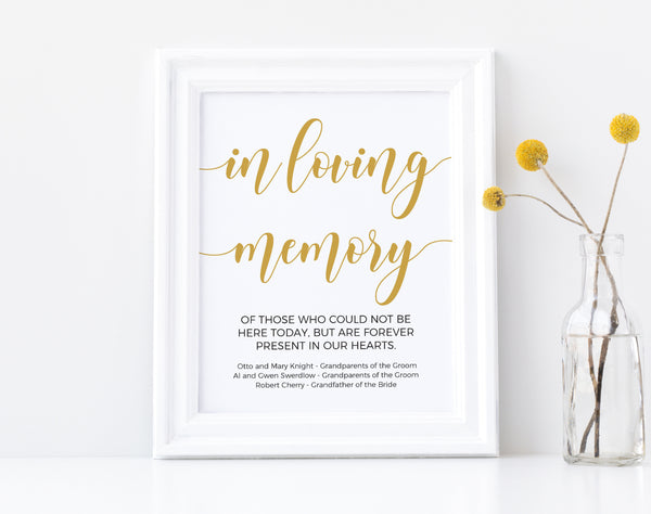 Wedding memorial sign, Wedding in memory sign, In loving memory, Wedding signs, Printable sign,  #GOLD20WED