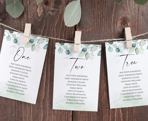 Seating cards wedding, Seating chart greenery with eucalyptus leaves, Hanging seating chart cards #EUC020LWT