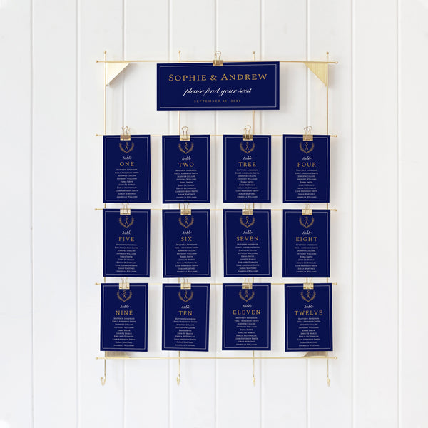 Seating cards template, Navy gold seating chart cards, Hanging seating cards template