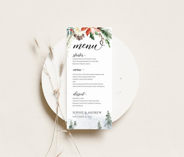 Winter menu template, Wedding menu template, Winter wedding stationery  #WNT020LWT