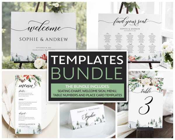 Christmas wedding bundle, Seating chart, Welcome sign wedding, Place cards, Table numbers, Menu cards templates  #WNT020LWT