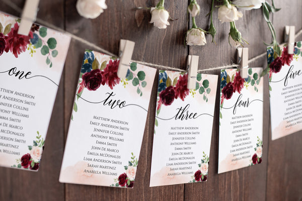 Seating chart template, Seating cards, Burgundy blush seating chart