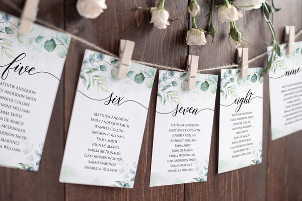 Seating cards wedding, Seating chart template, Eucalyptus greenery wedding cards