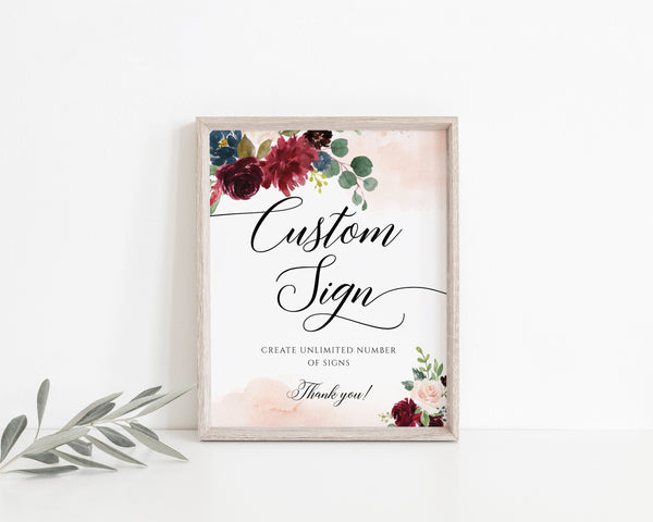 Custom wedding signs, Wedding sign editable template, Burgundy and blush watercolor floral