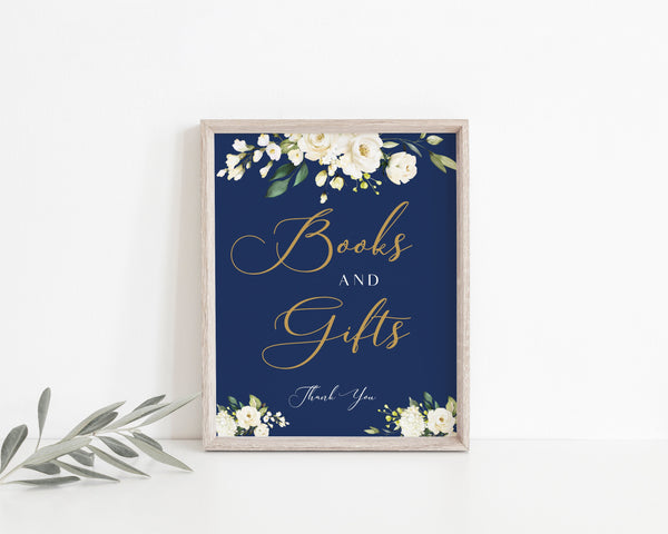 Books and gifts sign, Baby shower sign, Navy gold with white flowers, Books sign baby shower #NG020LWT