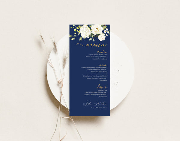 Menu template navy, Wedding menu in 4x9 and 5x7 inches, Navy with white lowers and floral  #NG020LWT