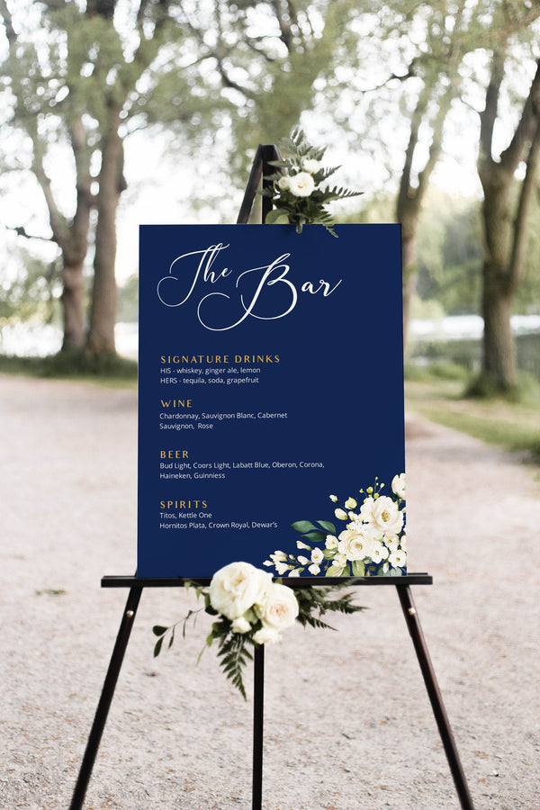 The bar sign, Bar menu sign template, Wedding bar menu sign, Navy wedding sign #NG020LWT