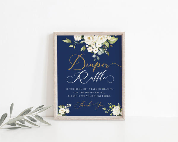 Diaper raffle sign, Baby shower sign, Navy gold with white flowers #NG020LWT